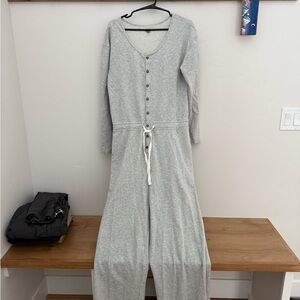 Gray Long Sleeve Wide-Leg Jumpsuit with Button Detail